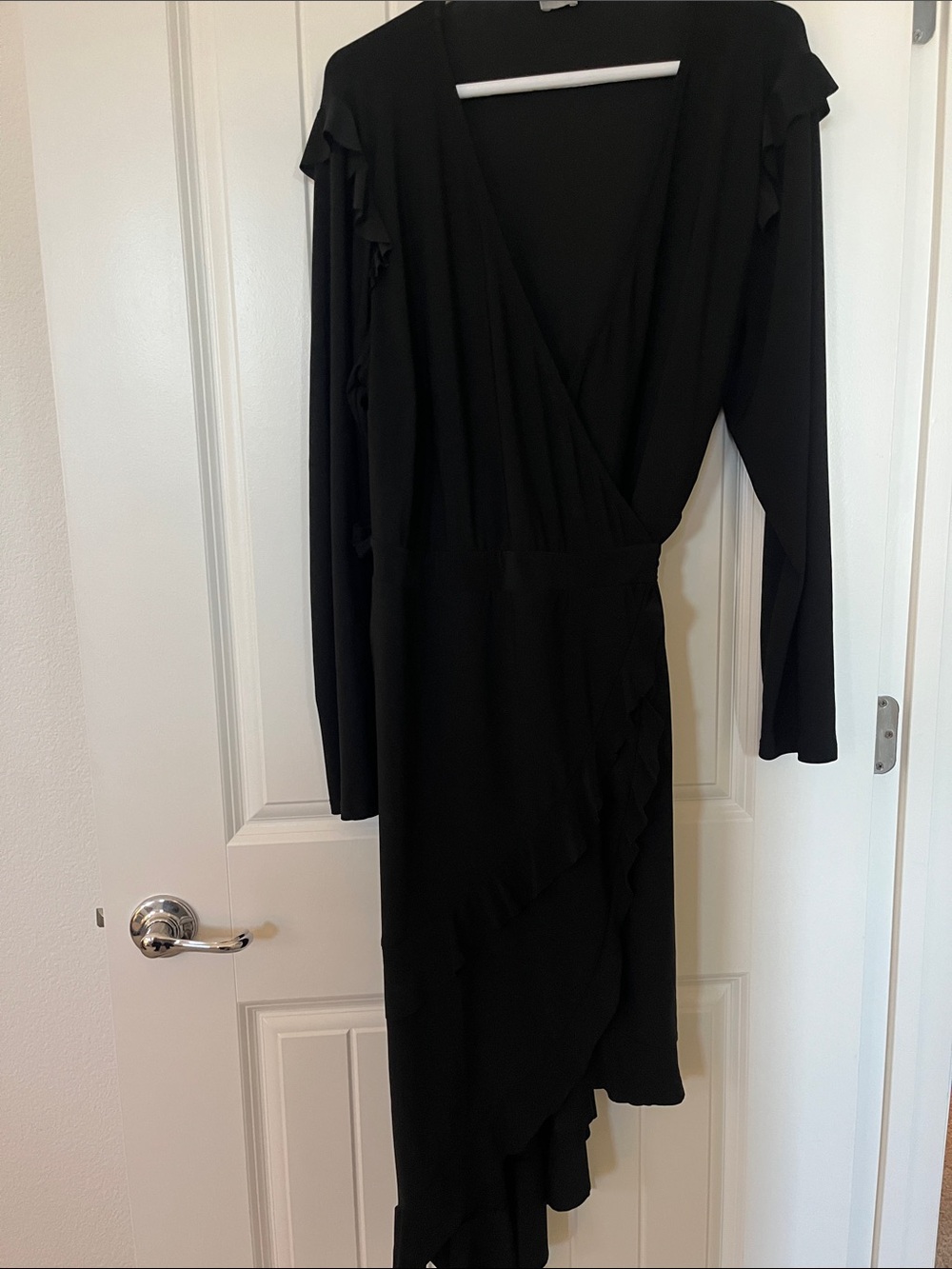 ASOS Curve Black Long Sleeve Wrap Midi Dress with Ruffle Trim